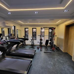 a gym with treadmills and exercise equipment in a room at Grabbo Luxury Apartments in Gwarinpa