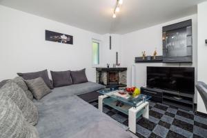 a living room with a gray couch and a tv at Villa Solterra in Grižane