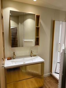 a bathroom with a sink and a mirror at Luxury 4BR Apartment with Fireplace & Private Parking - Val Thorens in Val Thorens