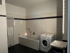 a bathroom with a washing machine and a sink at Rohrbacher Herz II in Berg bei Rohrbach