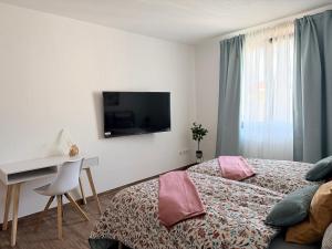 een slaapkamer met een bed, een bureau en een televisie bij BIELEFELD CITY APARTMENTS - Cozy in Bielefeld