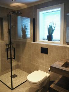 a bathroom with a toilet and a shower and two potted plants at Modern Mountain Cabin With A View Over The Sea in Vevle