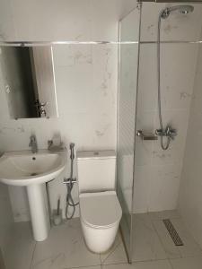 ein Badezimmer mit Toilette, Waschbecken und Dusche in der Unterkunft Nord foire studio meublé à Dakar in Dakar