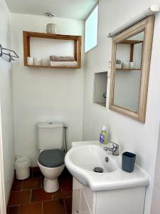 a bathroom with a toilet and a sink at Le Petit Brétigny in Beaumont