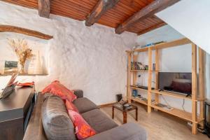 a living room with a couch and a tv at Maison dans Village médiéval in Olargues