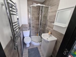 a bathroom with a shower and a toilet and a sink at YPS Studio Rooms in Peterborough