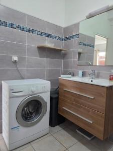 a bathroom with a washing machine and a sink at Les hauts de beline Salines in Le Gosier