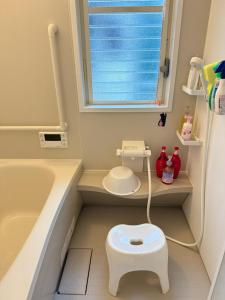 a small bathroom with a toilet and a bath tub at 苔ハウスMoss House in Shingu