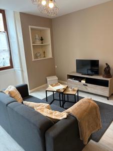 a living room with a blue couch and a tv at Appartement centre ville in Langres