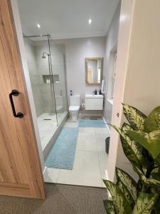 a bathroom with a shower and a toilet and a sink at The Windsor- Hartbeespoort Dam in Hartbeespoort