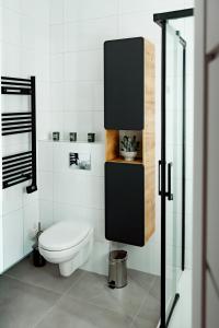 a bathroom with a toilet and a glass shower at Apartamenty EUROPA in Jasło