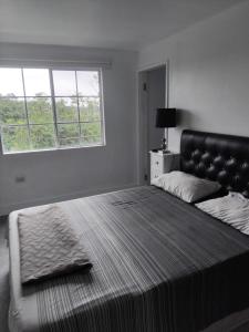 a bedroom with a large bed and a window at Clarke Place in Mandeville