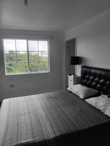a bedroom with a large bed and a window at Clarke Place in Mandeville +1 photo