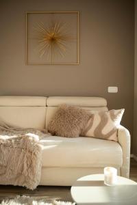 a living room with a couch with a picture on the wall at Lake View Apt - Only 15 min to Trento in Vignola +16 photos