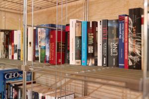 eine Reihe von Büchern auf einem Bücherregal in der Unterkunft Ferienwohnung am Gespensterwald in Nienhagen