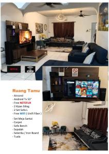 a collage of three pictures of a living room at Halwa Homestay in Semporna