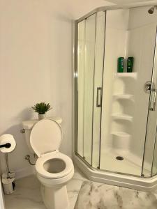 a bathroom with a toilet and a glass shower at Cozy and Spacious Suite - Private Ensuit Bath - King Bed - Ultra Fast Wifi - Free Parking - Smart TV in Rockland