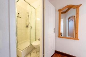 a bathroom with a shower and a toilet and a sink at Hotel Krug in Gumpoldskirchen +46 photos