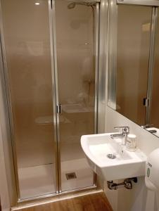 a bathroom with a shower and a sink at Bearan Rooms 2 in Pamplona