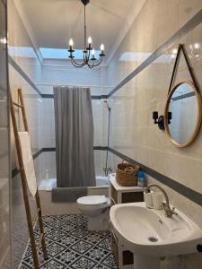 a bathroom with a sink and a toilet and a mirror at El Mirador del Asno in El Bosque