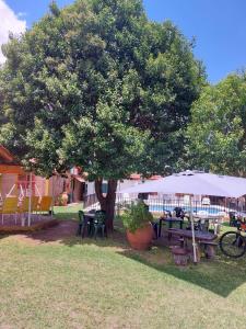 una mesa de picnic y un árbol en un patio en Complejo Villa del sol, en Mina Clavero