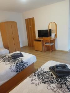 バンスコにあるGuest rooms Banskoのベッド2台とテレビ付きの机がある部屋