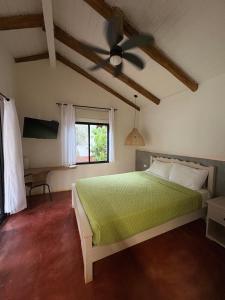 圣卡塔利娜岛Cabañas Time Out的一间卧室配有绿色的床和吊扇 更多33张照片