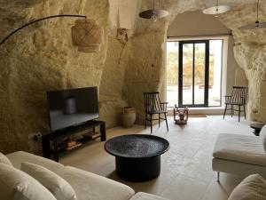 a living room with a couch and a tv at Le troglo du château in Beaumont