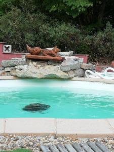 un bassin d'eau avec une statue de bateau dans l'établissement Chambre du milieu chez l'habitant, à Lorgues