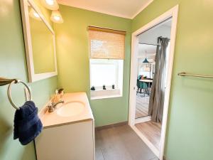 a bathroom with a sink and a mirror and a shower at Charming B&B Mezzanine with Free Parking! in Washington
