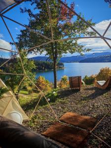 a view of a lake from inside a tent at Moon Lake Bicaz - Casa Imero in Buhalniţa +60 photos