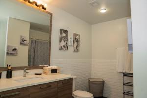 Un baño con lavabo, inodoro y espejo. en Dallas Loft, en Dallas