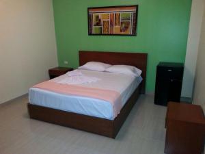 a bed in a bedroom with green walls at Hotel Carrizal Suites in Barinas +16 photos