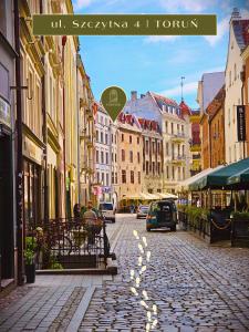a cobblestone street in a city with buildings at Apartamenty Paryskie Old Town View in Toruń