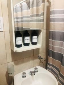 a bathroom with a sink and a shower curtain at Cabañas El bosque DLM in Uspallata