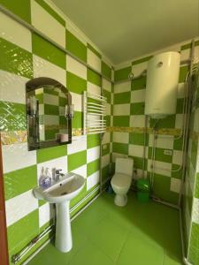 baño verde y blanco con lavabo y aseo en Карпатський Дивокрай, en Perekrestnoye 22 fotos más