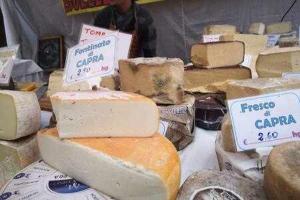 una pantalla de queso sobre una mesa en un mercado en Fantastic Apartment in the Heart of Toscana, en Castiglion Fiorentino