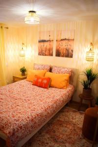 ein Schlafzimmer mit einem Bett mit bunten Kissen darauf in der Unterkunft La Verrière in Poitiers
