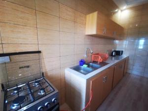 a small kitchen with a stove and a sink at Fleur d'hibiscus in Cotonou