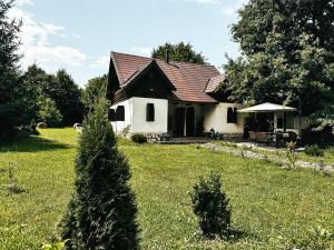 a small white house in a field of grass at Cuib din Fagaras in Avrig