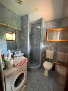 Un baño con lavadora y un inodoro. en Vacation spot in Sarajevo in a calmest spacious area, en Sarajevo