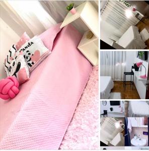 a collage of pictures of a bedroom with a pink bed at Quartos Privados em casa Mobiliada in Londrina