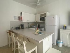 セント・ジェームスにあるCosy apartment with pool and garden viewのカウンターと冷蔵庫のあるキッチン