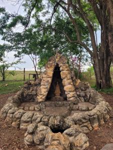 een stenen open haard in een veld met een boom bij Lago da Rosa in Olímpia