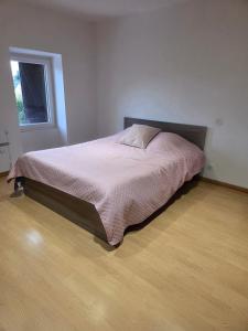 1 cama en un dormitorio con suelo de madera en Chez sally, en Le Bouchaud