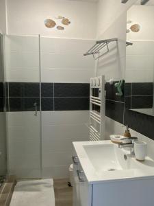a bathroom with a sink and a shower at Superbe appartement, vue imprenable sur le port in Audierne +33 photos