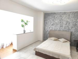 a bedroom with a bed and a wall at Studio Central Brancusi in Târgu Jiu