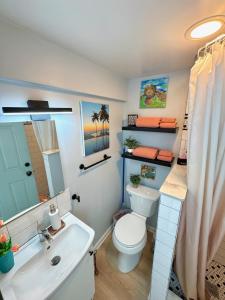 a bathroom with a white toilet and a sink at Stylish Retreat Walk 2Dtwn Bikes l Patio l Beach in St Petersburg +16 photos