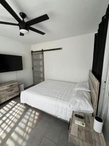 una camera da letto con un letto e un ventilatore a soffitto di Sea Breeze Tunnel Hideaway 2 a Quebradillas
