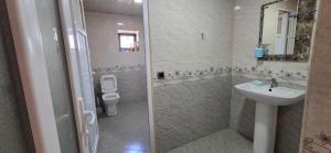 ein Badezimmer mit Dusche, Waschbecken und Toilette in der Unterkunft Qusarda günlük ev in Qusar